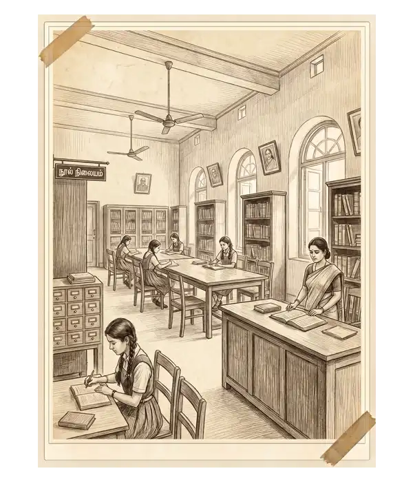 Kshatriya Girls High School library offering a rich collection of books for student learning and knowledge.