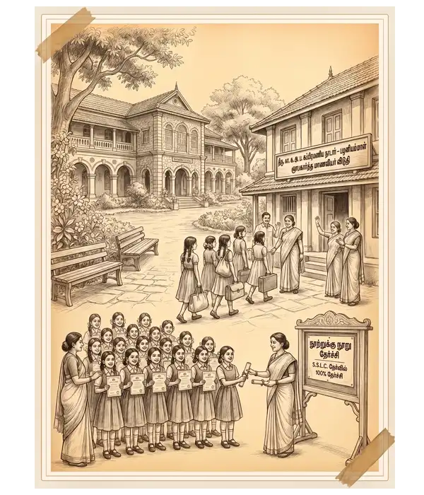 Kshatriya Girls High School students achieving 100% SSLC pass results and the inauguration of the student hostel in 1950.