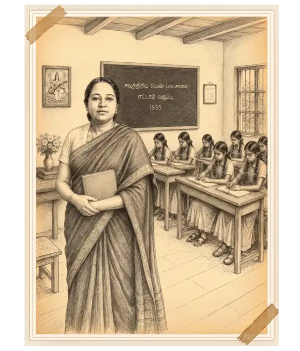 Kumari Thilagavathipal B.A.L.T., Headmistress, teaching students at the Hindu Nadar Girls School in 1935.